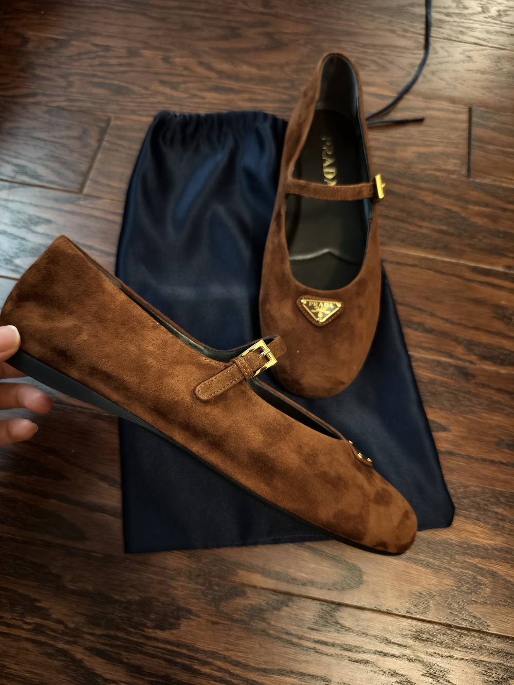 NEW - Prada Brown Suede Mary Jane Loafer with Gold Logo - Picture 5 of 6